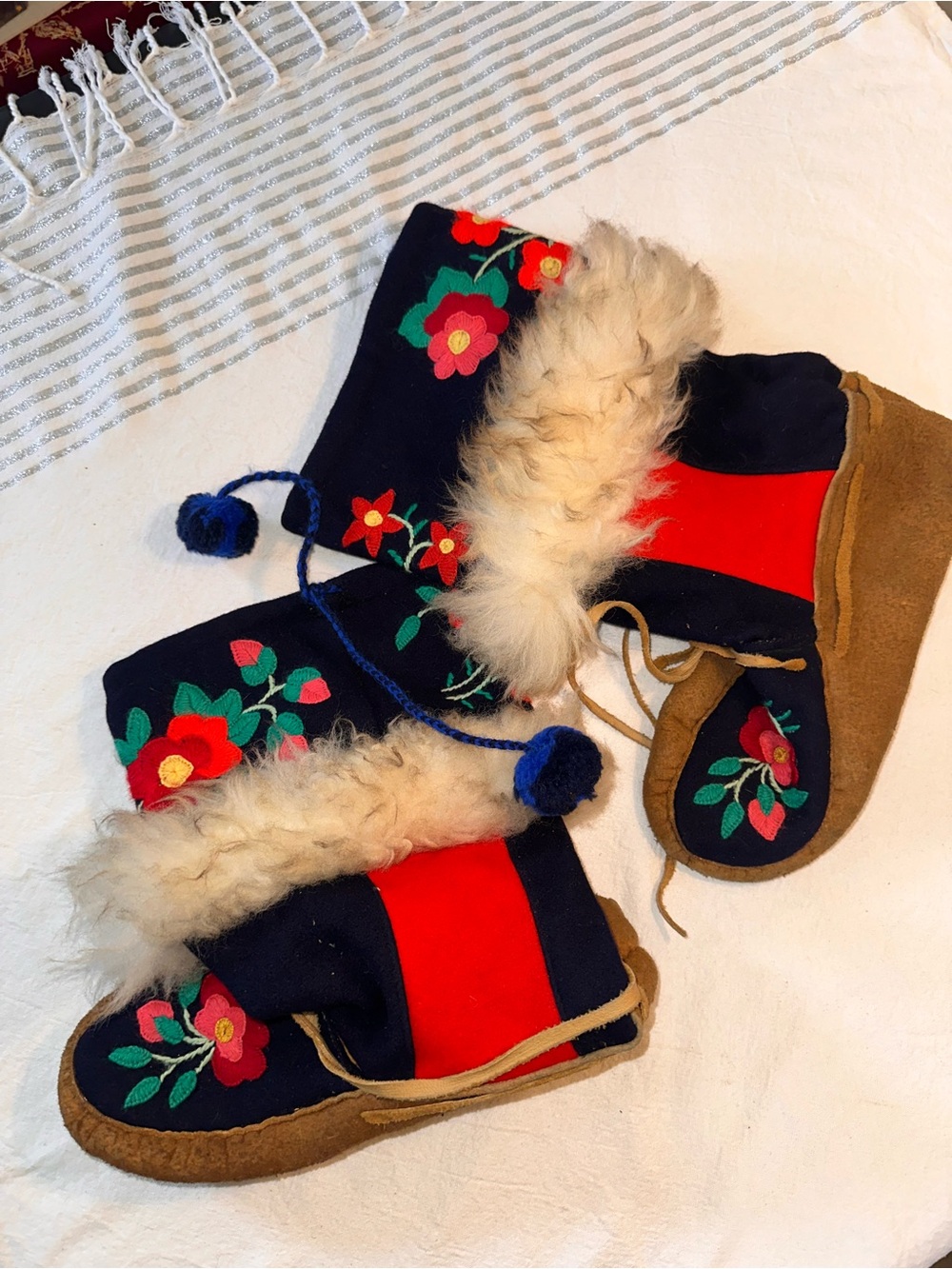 Handcrafted Floral Embroidered Faux Fur-Trim Leather Moccasin Boots